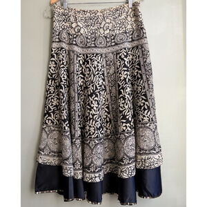 Soft Surroundings Boho Maxi Skirt Black Beige Gold Sequins Bird Medallion PM
